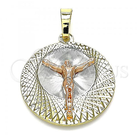 Oro Laminado Religious Pendant, Gold Filled Style Jesus Design, Diamond Cutting Finish, Tricolor, 05.380.0126