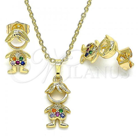 Oro Laminado Earring and Pendant Adult Set, Gold Filled Style Little Boy Design, with Multicolor Micro Pave, Polished, Golden Finish, 10.210.0152.1