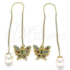 Oro Laminado Threader Earring, Gold Filled Style Butterfly Design, with Multicolor Micro Pave, Polished, Golden Finish, 02.210.0815.1
