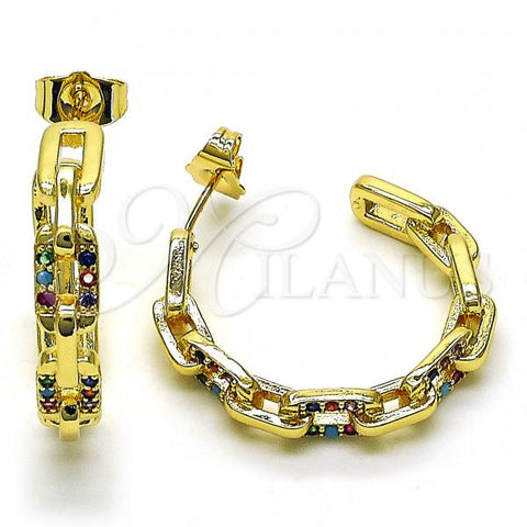 Oro Laminado Medium Hoop, Gold Filled Style Paperclip Design, with Multicolor Micro Pave, Polished, Golden Finish, 02.210.0796.1.30