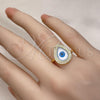 Oro Laminado Multi Stone Ring, Gold Filled Style Teardrop and Evil Eye Design, with White Micro Pave, Polished, Golden Finish, 01.341.0108