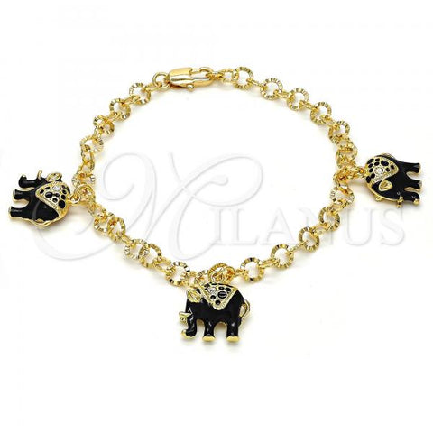 Oro Laminado Charm Bracelet, Gold Filled Style Elephant Design, with White Crystal, Black Enamel Finish, Golden Finish, 03.63.1797.1.07