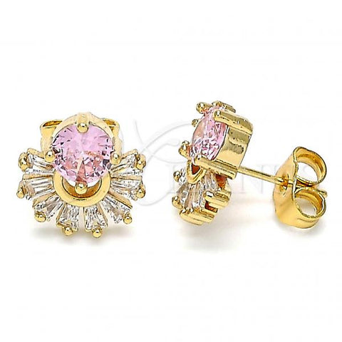Oro Laminado Stud Earring, Gold Filled Style with Pink and White Cubic Zirconia, Polished, Golden Finish, 02.387.0018