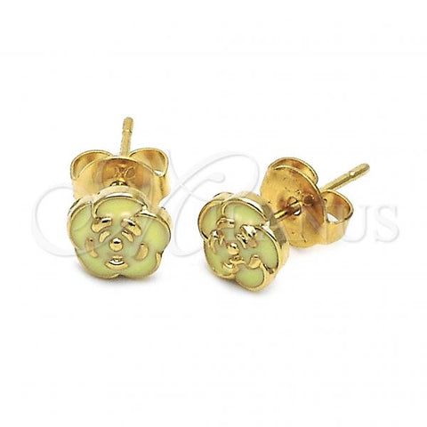 Oro Laminado Stud Earring, Gold Filled Style Flower Design, Green Enamel Finish, Golden Finish, 02.64.0399 *PROMO*