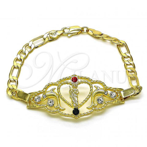 Oro Laminado Fancy Bracelet, Gold Filled Style San Judas and Figaro Design, with Garnet and White Crystal, Polished, Golden Finish, 03.253.0079.1.07