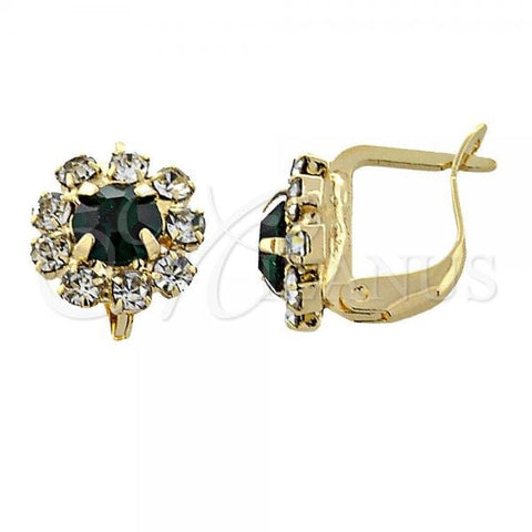 Oro Laminado Leverback Earring, Gold Filled Style Flower Design, with Green and White Cubic Zirconia, Polished, Golden Finish, 02.122.0080.1