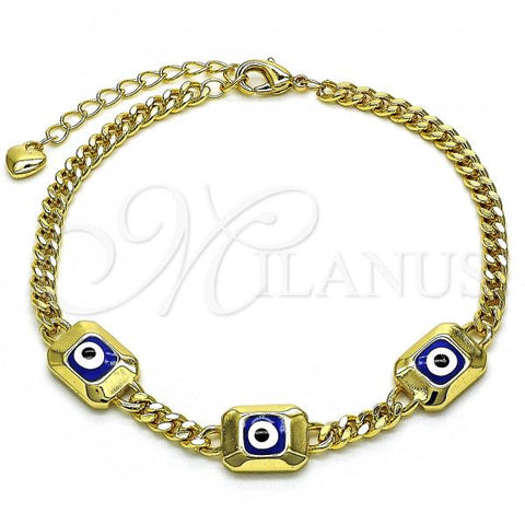 Oro Laminado Fancy Bracelet, Gold Filled Style Evil Eye and Miami Cuban Design, Blue Enamel Finish, Golden Finish, 03.213.0181.07