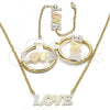 Oro Laminado Necklace, Bracelet and Earring, Gold Filled Style Love Design, Polished, Tricolor, 06.63.0246.1