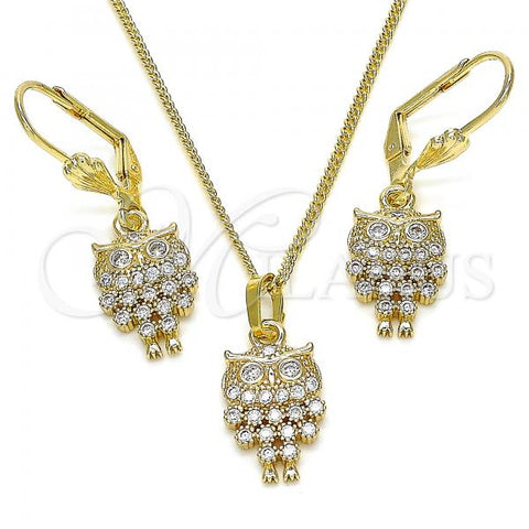Oro Laminado Earring and Pendant Adult Set, Gold Filled Style Owl Design, with White Micro Pave, Polished, Golden Finish, 10.210.0150