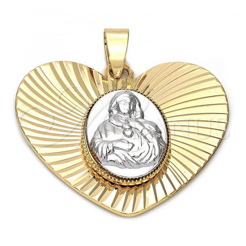Oro Laminado Religious Pendant, Gold Filled Style Sagrado Corazon de Jesus Design, Diamond Cutting Finish, Two Tone, 5.195.009