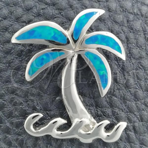 Sterling Silver Fancy Pendant, Palm Tree Design, with Bermuda Blue Opal, Polished, Silver Finish, 05.391.0004
