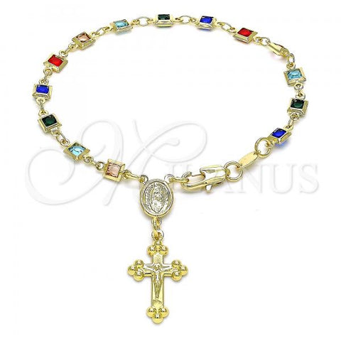 Oro Laminado Bracelet Rosary, Gold Filled Style Guadalupe and Crucifix Design, with Multicolor Cubic Zirconia, Polished, Golden Finish, 09.326.0002.08