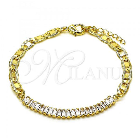 Oro Laminado Fancy Bracelet, Gold Filled Style Mariner Design, with White Cubic Zirconia, Polished, Golden Finish, 03.130.0012.08