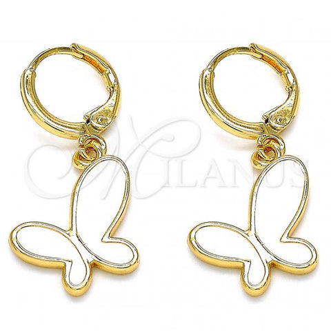 Oro Laminado Dangle Earring, Gold Filled Style Butterfly Design, White Enamel Finish, Golden Finish, 02.377.0025