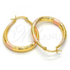 Oro Laminado Medium Hoop, Gold Filled Style Teardrop and Hollow Design, Diamond Cutting Finish, Tricolor, 02.170.0061.1.30