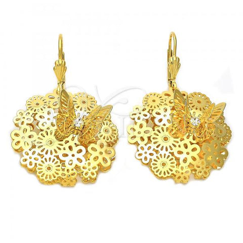 Oro Laminado Dangle Earring, Gold Filled Style Butterfly and Flower Design, with White Cubic Zirconia, Polished, Golden Finish, 5.093.001
