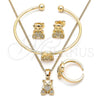 Oro Laminado Earring and Pendant Children Set, Gold Filled Style Teddy Bear and Heart Design, with White Micro Pave, Polished, Golden Finish, 06.210.0021
