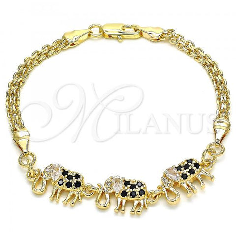 Oro Laminado Fancy Bracelet, Gold Filled Style Elephant Design, with Black and White Cubic Zirconia, Polished, Golden Finish, 03.63.2132.2.08