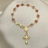 Oro Laminado Bracelet Rosary, Gold Filled Style Guadalupe and Evil Eye Design, Red Resin Finish, Golden Finish, 09.63.0107.2.08