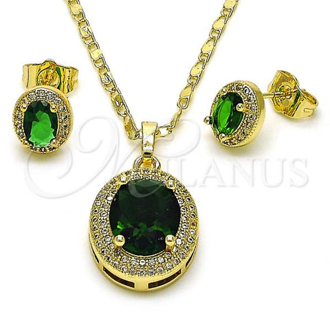 Oro Laminado Earring and Pendant Adult Set, Gold Filled Style Cluster Design, with Green Cubic Zirconia and White Micro Pave, Polished, Golden Finish, 10.196.0158.1