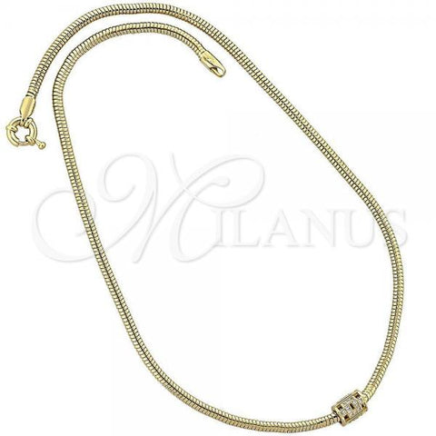 Oro Laminado Pendant Necklace, Gold Filled Style Rat Tail Design, with White Micro Pave, Polished, Golden Finish, 04.63.0003