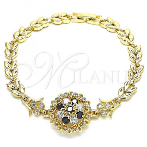 Oro Laminado Fancy Bracelet, Gold Filled Style Flower and Leaf Design, with Black and White Cubic Zirconia, Polished, Golden Finish, 03.210.0129.1.08