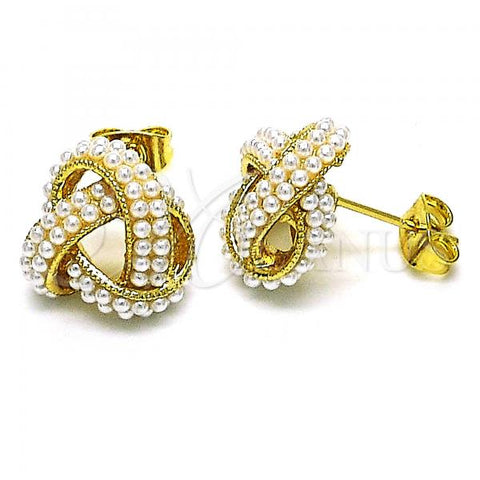 Oro Laminado Stud Earring, Gold Filled Style Love Knot Design, with Ivory Pearl, Polished, Golden Finish, 02.379.0051