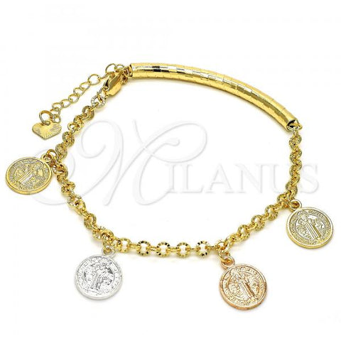 Oro Laminado Charm Bracelet, Gold Filled Style San Benito Design, Diamond Cutting Finish, Tricolor, 03.351.0025.07