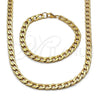 Stainless Steel Necklace and Bracelet, Curb Design, Polished, Golden Finish, 06.257.0004