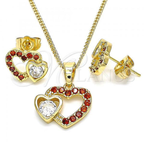 Oro Laminado Earring and Pendant Adult Set, Gold Filled Style Heart Design, with Garnet and White Cubic Zirconia, Polished, Golden Finish, 10.210.0159.1
