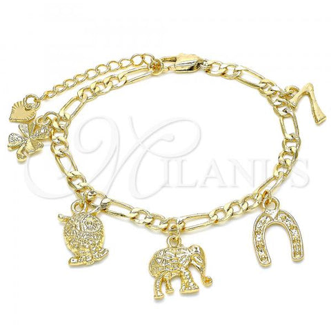 Oro Laminado Charm Bracelet, Gold Filled Style Owl and Elephant Design, Polished, Golden Finish, 03.351.0027.1.07