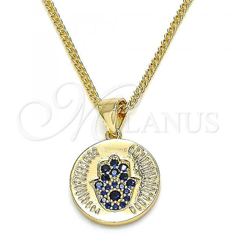 Oro Laminado Pendant Necklace, Gold Filled Style Hand of God Design, with Sapphire Blue Micro Pave, Polished, Golden Finish, 04.156.0307.1.20