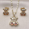 Oro Laminado Earring and Pendant Adult Set, Gold Filled Style Teddy Bear Design, with Garnet and White Cubic Zirconia, Polished, Golden Finish, 10.196.0163