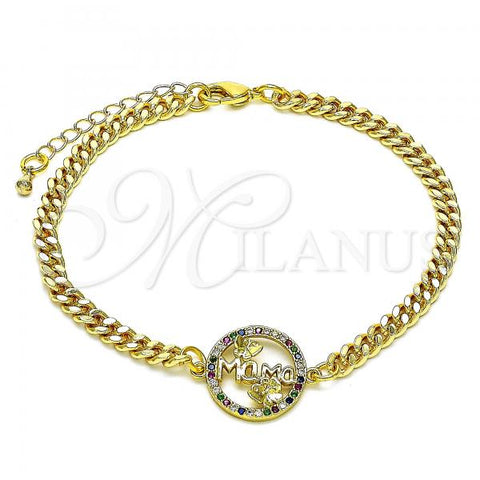 Oro Laminado Fancy Bracelet, Gold Filled Style Mom and Butterfly Design, with Multicolor Micro Pave, Polished, Golden Finish, 03.381.0047.08