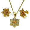 Oro Laminado Earring and Pendant Adult Set, Gold Filled Style Flower Design, Matte Finish, Golden Finish, 10.342.0259