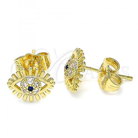 Oro Laminado Stud Earring, Gold Filled Style Evil Eye Design, with Sapphire Blue Micro Pave, Polished, Golden Finish, 02.156.0542