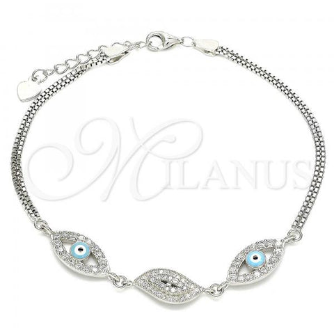 Sterling Silver Fancy Bracelet, Evil Eye Design, with White Micro Pave and White Cubic Zirconia, Turquoise Enamel Finish, Rhodium Finish, 03.286.0010.07