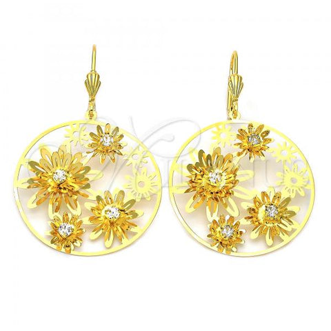 Oro Laminado Dangle Earring, Gold Filled Style Flower Design, with White Cubic Zirconia, Polished, Golden Finish, 5.070.012