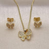 Oro Laminado Earring and Pendant Adult Set, Gold Filled Style Butterfly Design, with White Micro Pave, Polished, Golden Finish, 10.156.0478