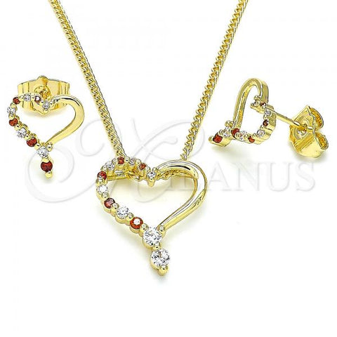 Oro Laminado Earring and Pendant Adult Set, Gold Filled Style Heart Design, with Garnet and White Cubic Zirconia, Polished, Golden Finish, 10.156.0331.1