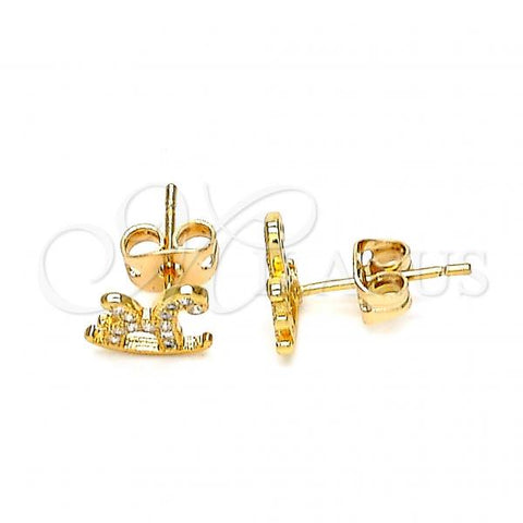 Oro Laminado Stud Earring, Gold Filled Style Horse Design, with White Micro Pave, Polished, Golden Finish, 02.213.0297