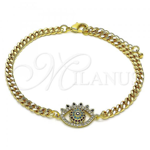 Oro Laminado Fancy Bracelet, Gold Filled Style Evil Eye Design, with Multicolor Micro Pave, Polished, Golden Finish, 03.368.0079.08