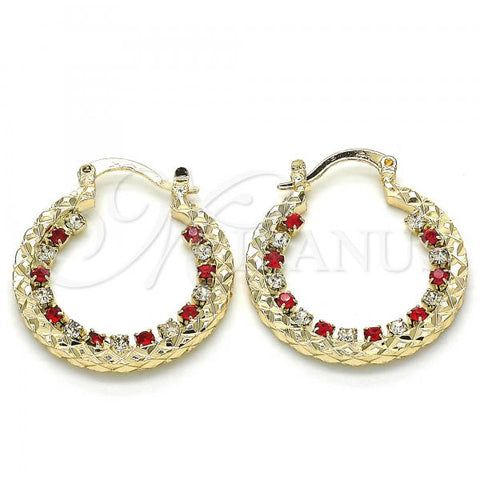 Oro Laminado Small Hoop, Gold Filled Style with Garnet and White Cubic Zirconia, Diamond Cutting Finish, Golden Finish, 02.122.0104.1.25