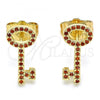 Oro Laminado Stud Earring, Gold Filled Style key Design, with Garnet Micro Pave, Polished, Golden Finish, 02.344.0066.1