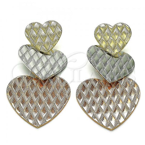 Oro Laminado Long Earring, Gold Filled Style Heart Design, Polished, Tricolor, 02.213.0431