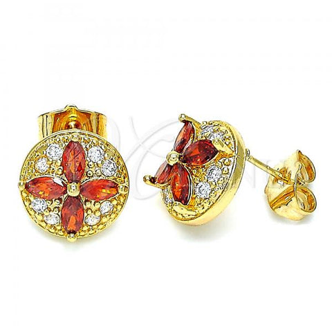 Oro Laminado Stud Earring, Gold Filled Style Flower Design, with Garnet and White Cubic Zirconia, Polished, Golden Finish, 02.387.0034