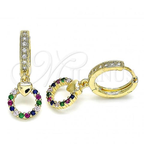 Oro Laminado Huggie Hoop, Gold Filled Style Heart Design, with Multicolor Micro Pave, Polished, Golden Finish, 02.316.0072.1.15