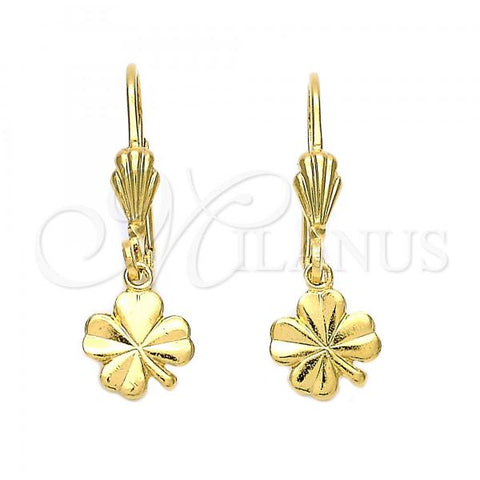 Oro Laminado Dangle Earring, Gold Filled Style Four-leaf Clover Design, Diamond Cutting Finish, Golden Finish, 5.084.021