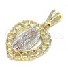 Oro Laminado Religious Pendant, Gold Filled Style Guadalupe and Heart Design, Polished, Tricolor, 05.351.0201
