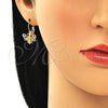 Oro Laminado Leverback Earring, Gold Filled Style Bee Design, with Black and White Micro Pave, Polished, Golden Finish, 02.210.0378.2